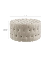 31.5" Round Ottoman, Large Velvet-Feel Upholstered Foot Stool with Button Tufted Design and Padded Seat for Living Room, Entryway, Beige