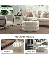 Simplie Fun 31.5" Round Ottoman, Large Velvet-Feel Upholstered Foot Stool with Button Tufted Design and Padded Seat for Living Room, Entryway, Beige