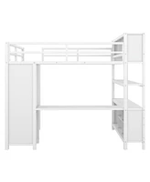 Metal Loft Bed with Wardrobe And L-shaped Desk, Full Size Loft Bed with Storage Cubes and Shelves, Heavy Duty Loft Bed for Kids Teens Adults, White(Pr