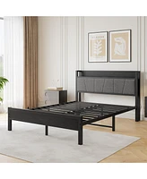 Queen Size Bed Frame, Storage Headboard with Charging Station, Solid and Stable, Noise Free, No Box Spring Needed, Easy Assembly