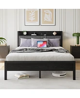 Simplie Fun Queen Size Bed Frame, Storage Headboard with Charging Station, Solid and Stable, Noise Free, No Box Spring Needed, Easy Assembly