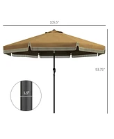 9ft Patio Umbrella with Push Button Tilt and Crank, Ruffled Outdoor Market Table Umbrella with Tassles and 8 Ribs, for Garden, Deck, Pool, Tan