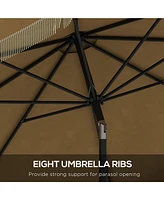 9ft Patio Umbrella with Push Button Tilt and Crank, Ruffled Outdoor Market Table Umbrella with Tassles and 8 Ribs, for Garden, Deck, Pool, Tan