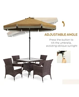 9ft Patio Umbrella with Push Button Tilt and Crank, Ruffled Outdoor Market Table Umbrella with Tassles and 8 Ribs, for Garden, Deck, Pool, Tan