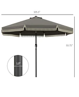 9ft Patio Umbrella with Push Button Tilt and Crank, Ruffled Outdoor Market Table Umbrella with Tassles and 8 Ribs, for Garden, Deck, Pool, Dark Gray