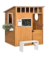 Streamdale Furniture Wooden Playhouse for Kids Outdoor with Working Door, Windows, Mailbox, Bench, Flowers Pot Holder, 48" x 42.5" x 53"