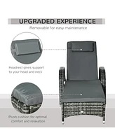 Wicker Outdoor Chaise Lounge, 5-Level Adjustable Backrest Pe Rattan Pool Lounge Chair with Wheels, Cushion & Headrest, Mixed Gray and Charcoal Gray