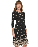 Tommy Hilfiger Petite 3/4-Sleeve Flounce-Hem Shift Dress