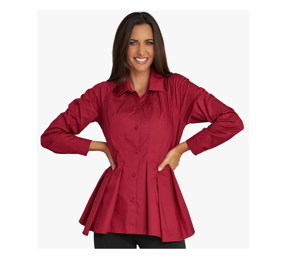 Stella Carakasi Women's Pleated Cotton Poplin Button-Front Top Showstopper Shirt