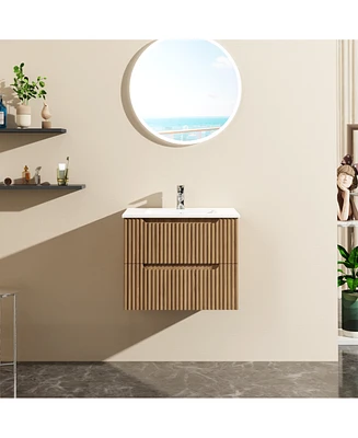 Goodyo 24" Wall-Mount Bathroom Vanity Cabinet with White Basin Sink Combo Floating, Walnut