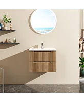 Goodyo 24" Wall-Mount Bathroom Vanity Cabinet with White Basin Sink Combo Floating, Walnut