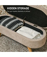 Storage Ottoman Bench, 43.3" Teddy Fleece Upholstered End of Bed Bench with Wood Legs and Padded Seat, Oval Modern Entryway Bench, Beige