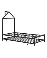 Slickblue Twin Metal Platform Bed with Trundle and House-Shaped Headboard for Kids or Guests