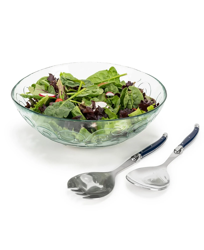 French Home Laguiole Glass Celebration Salad Bowl with Serving Utensils