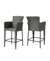 Anaya 2-Piece Outdoor Wicker Barstool Set With Iron Frames And Foot Rails