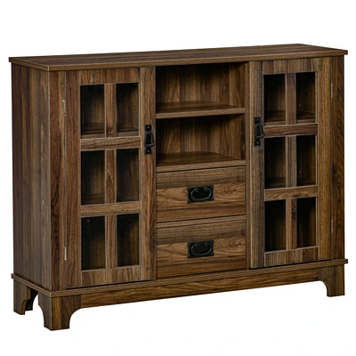 Sideboard Buffet Cabinet, Glass Door Kitchen Cabinet, Coffee Bar Cabinet with Storage Drawers & Adjustable Shelves for Living Room, Dark Walnut