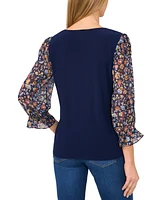 CeCe Women's V-Neck Mixed-Media Floral 3/4-Sleeve Top