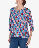 Alfred Dunner Petite Key Items Box Print Short Sleeve Top