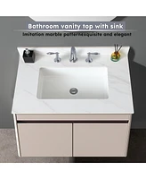 31 Inch Marble Vanity Top, White Vanity Top with Pre-drilled Faucet Holes, Bathroom Vanity Top with Undermount Rectangular Middle Sink and 4" Hei
