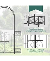 7' Garden Arch Arbor, Metal Arch Trellis with Gate, Garden Archway for Climbing Vines, Wedding Ceremony Decoration, Black