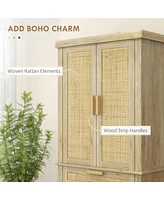 72" Tall Pantry Cabinet with Rattan Decorated Panel, Freestanding Boho Kitchen Storage Cabinet with 4 Doors, Drawer, 5-Tier Shelf and Adjustable