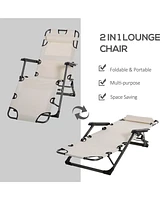Streamdale Furniture Folding Chaise Lounge Chair for Outside, 2-in-1 Tanning Chair with Pillow & Pocket, Adjustable Pool Chair for Beach, Patio, Lawn,