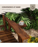 Wood Outdoor Bench, 2-Person Garden Bench with Cupholder Armrests, Slatted Seat and Backrest, Park Bench for Patio, Porch, Lawn, Deck, Carbonized