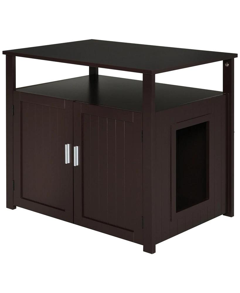 Wooden Cat Litter Box Enclosure Furniture with Adjustable Partition, Cat Washroom End Table with Open Shelf, Brown
