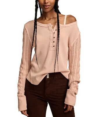 Lucky Brand Women's Cotton Textured Mixed-Sleeve Henley Top