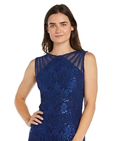 R & M Richards Women's Long Embellished Illusion-Detail Lace Gown