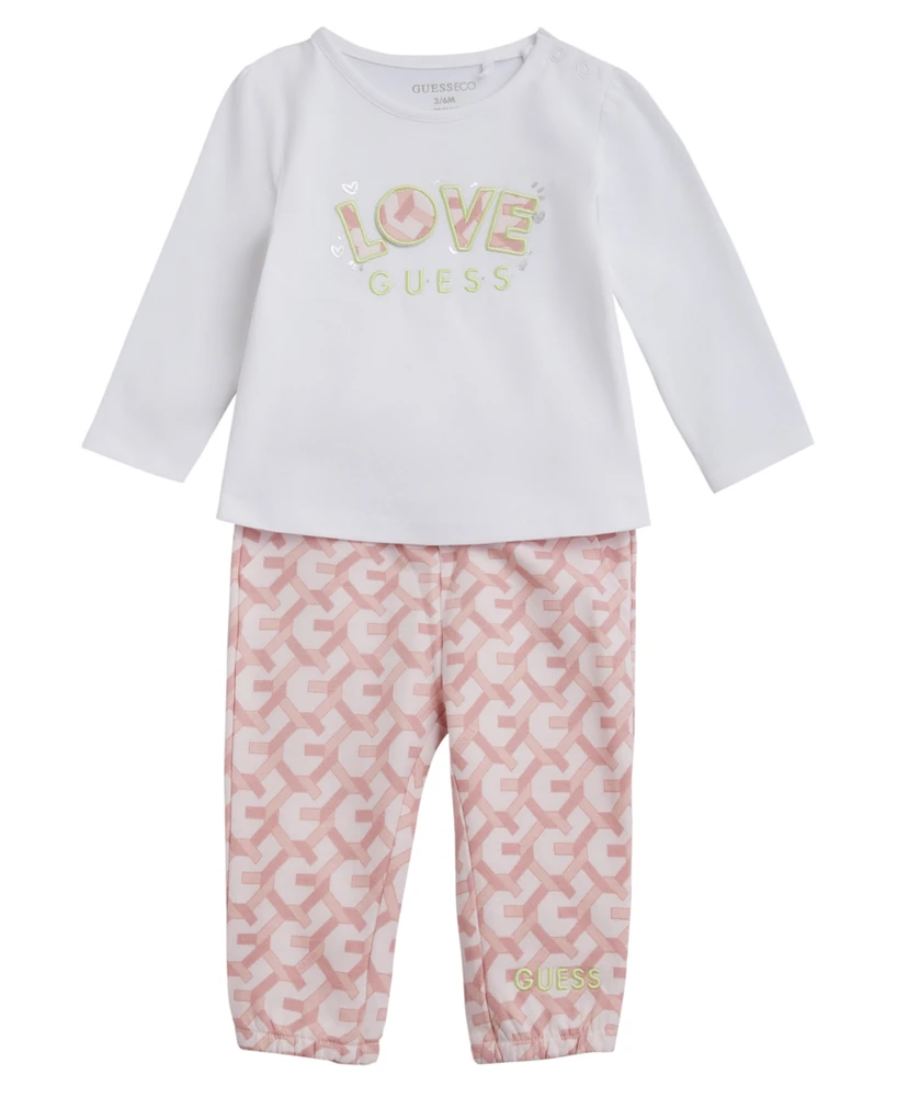 Guess Baby Girl Long Sleeve T-Shirt and Terry Pant, 2-Piece Set