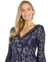 R & M Richards Women's V-Neck Bell-Sleeve Sequin Dress