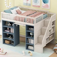 Full Size Loft Bed with 2 Four-layer Storage Cabinets and Curtain, White+Blue(Expected Arrival Time:9.28)