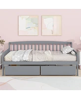 Twin-size Pine Wood Daybed with two Storage Drawers, Sofa Bed with Bed Platform of 10 Support Slats, Grey