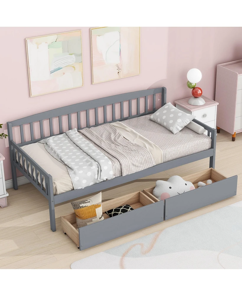 Simplie Fun Twin-size Pine Wood Daybed with two Storage Drawers, Sofa Bed with Bed Platform of 10 Support Slats, Grey