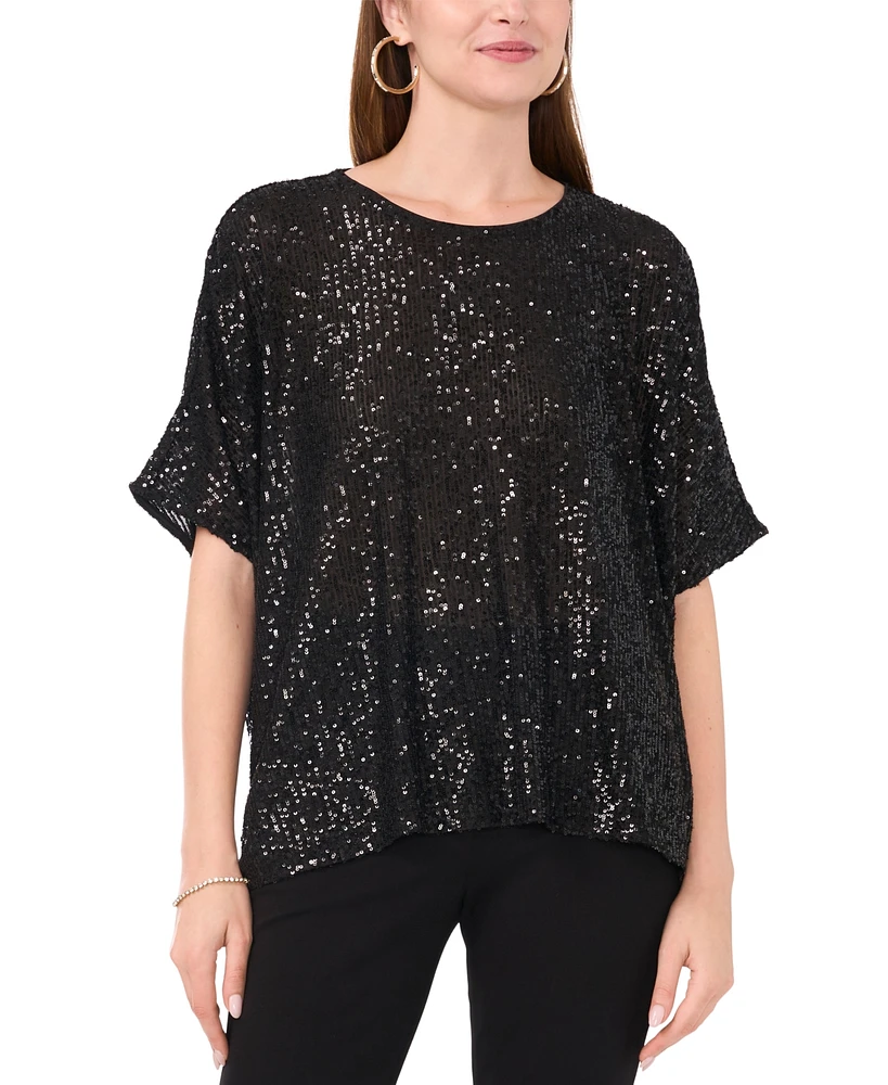 Msk Women's Round-Neck Short-Sleeve Sequined Top