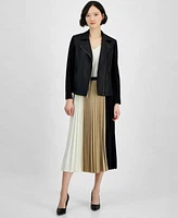 Anne Klein Womens Mixed Media Asymmetric Zip Jacket Colorblocked Pull On Pleated Skirt