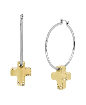 Steve Madden Faux Stone Puffy Cross Charm Hoop Earrings - Crystal/Two