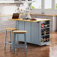 53" Kitchen Island with Storage, Power Outlet, Bar Stools