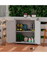 Potting Bench with Storage Cabinet and Metal Table Top for Outdoor Patio, Outdoor Work Station Table