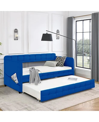 Streamdale Furniture Blue Upholstered Twin Size Daybed With Trundle, Velvet Fabric, No Box Spring Required, Comfortable And Simple Design Models