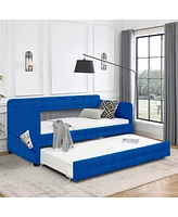 Streamdale Furniture Blue Upholstered Twin Size Daybed With Trundle, Velvet Fabric, No Box Spring Required, Comfortable And Simple Design Models