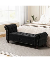 Simplie Fun 64.5" Bed Bench for Bed Room Nails Tufted Chaise of Lounge with Storage Velvet Upholstery Black