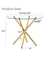 Streamdale Furniture Round clear glass dining table with a unique shape for 4-6 people, with ring-shaped gathered gold metal legs, suitable for desks,