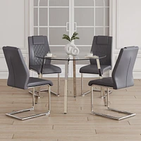 Table and chair set.a Modern Minimalist Style Round Clear Tempered Glass Table with silver Metal Legs.And 4 dark gray chairs with Modern Pu Leather Hi
