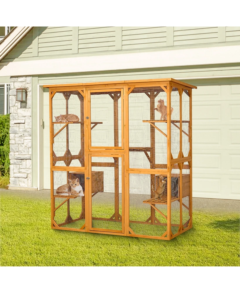 Streamdale Furniture Catio Outdoor Cat Enclosure with Roof 72" Height Cat Wooden House Large Cat Cage with 3 Jumping Platforms and 2 Napping Houses fo