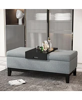 42" Rectangular Storage Ottoman Bench, Linen Fabric Coffee Table Ottoman with Removable Tray for Living Room, Entryway, or Bedroom, Gray