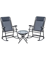 Streamdale Furniture 3 Piece Outdoor Rocking Bistro Set, Patio Folding Chair Table Set with Glass Coffee Table for Yard, Patio, Deck, Backyard, Grey