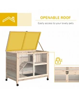 Simplie Fun Indoor Rabbit Hutch with Wheels, Desk and Side Table Sized, Wood Rabbit Cage, Waterproof Small Rabbit Cage, Natural