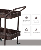 Rattan Wicker Serving Cart: 2-Tier Outdoor Bar Cart with Brakes
